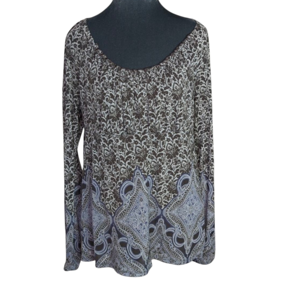 LizWear Blue/Gray Long sleeve Scoop Neck Lightweight Blouse Size XL